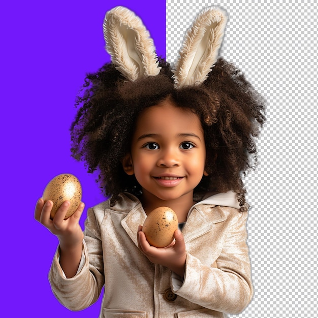 A girl with dark skin and curly hair holds Easter eggs in her hands