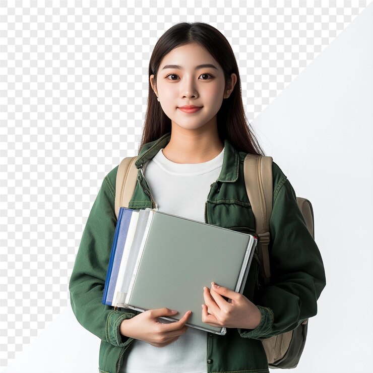 PSD 녹색 재을 입은 소녀가 노트북과 파란 폴더를 들고 있다
