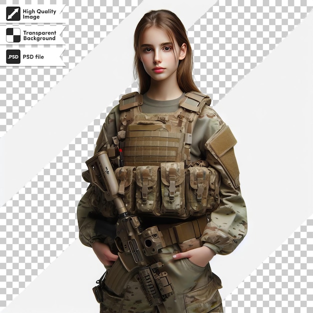 PSD a girl with a gun in her hand is standing in front of a picture of a girl