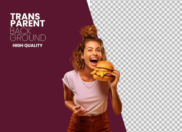 PSD girl with hamburger on her hand with transparent background png for social media poster