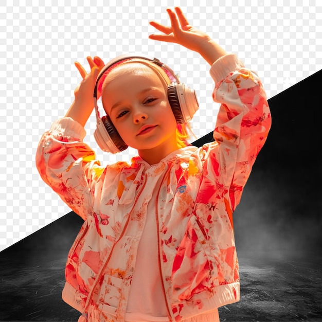 a girl with headphones on her head is listening to music