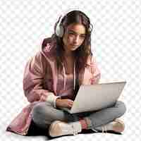 PSD a girl with headphones on and a laptop on her lap top