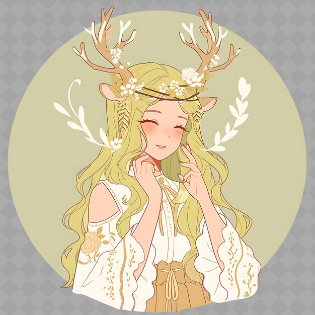 A girl with long blonde hair and a wreath of antlers on her head