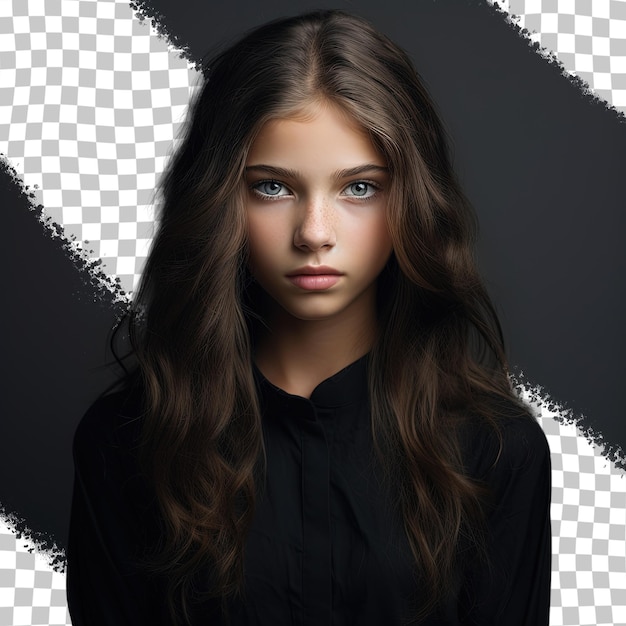 PSD a girl with long hair and a black shirt with a letter on it