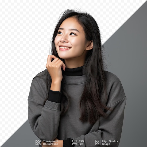 PSD a girl with long hair wearing a sweater with the words 