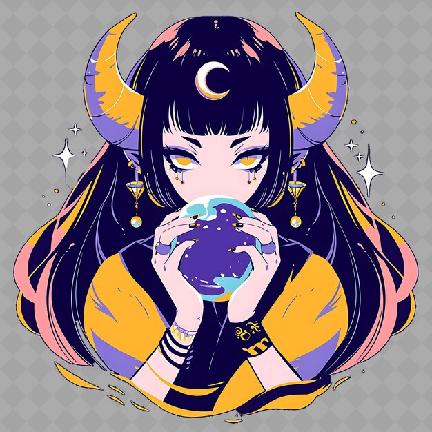 PSD a girl with a moon in her hand is holding a cup of tea