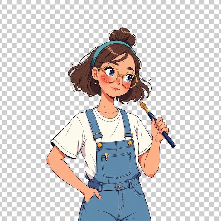 PSD 透明な背景のペンとオーバーオールを着た女の子