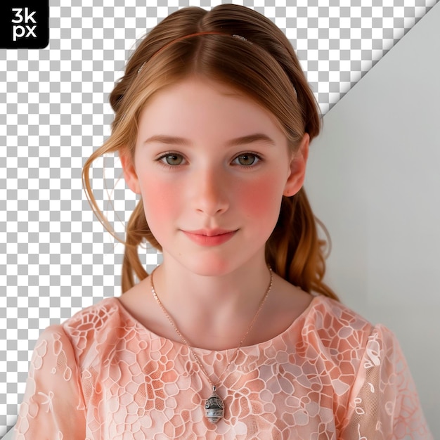 PSD a girl with a pink dress and a pendant on her neck