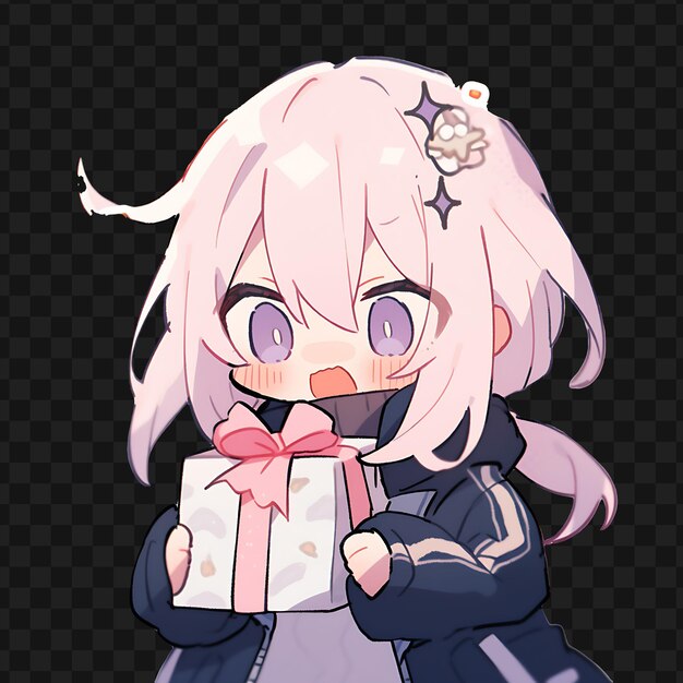 A girl with pink hair holding a gift