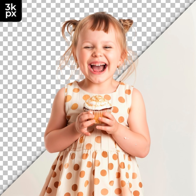 A girl with a polka dot dress on is holding a cupcake