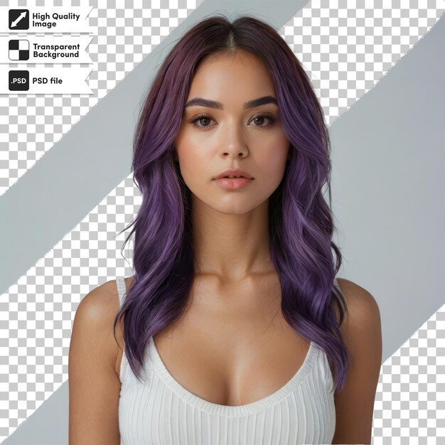 PSD a girl with purple hair is standing in front of a grid that says  natural