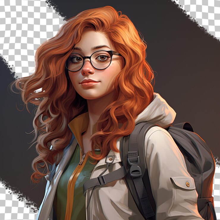PSD a girl with red hair and glasses is standing in front of a black background.