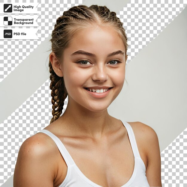 PSD a girl with a smile on her face is wearing a white tank top