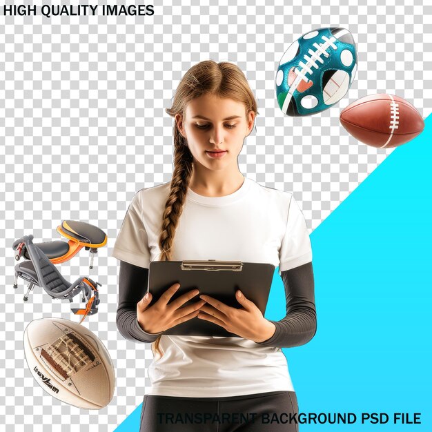 PSD a girl with a white shirt reading high quality football