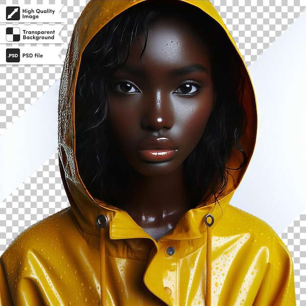 PSD a girl with a yellow raincoat on and a black background