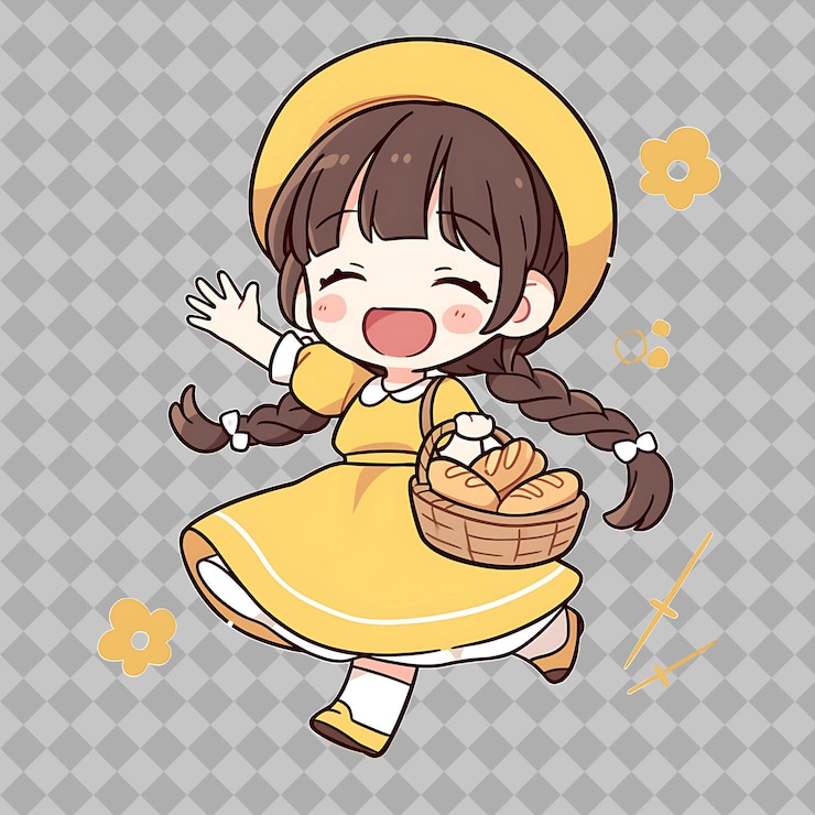 PSD パンのバスケットを持った黄色いドレスの女の子