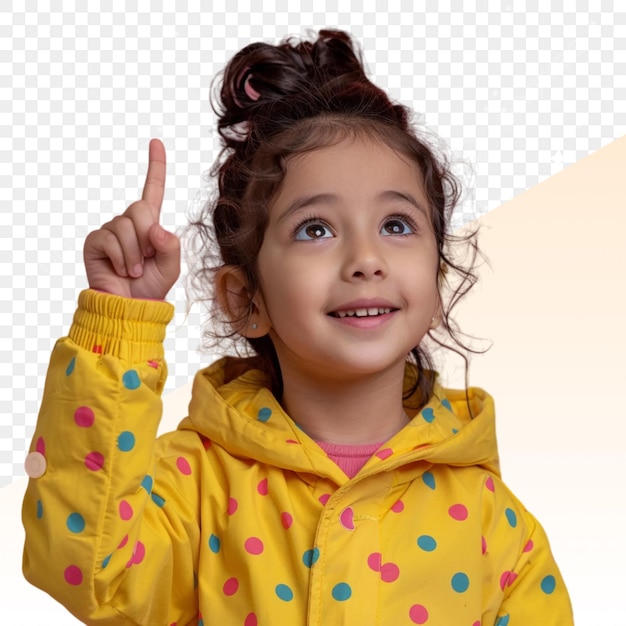 黄色いレインコートを着た女の子がカメラを指している