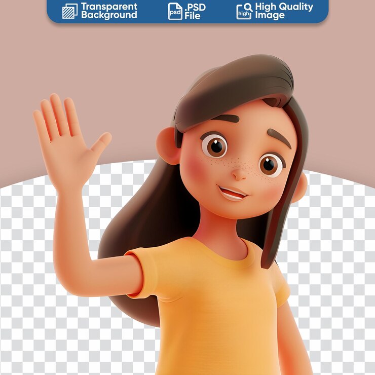 PSD girls hand waving gesture of hello or goodbye in simple 3d cartoon illustration
