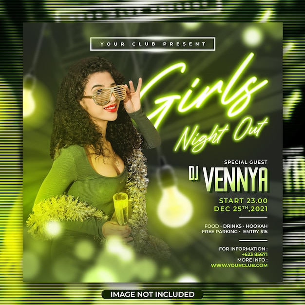 Girls night club dj party social media post and web banner template