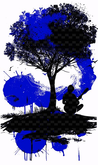 PSD gitarzysta grający pod drzewem otoczony pokojowym miodem ilustracja wektorowa pomysł na plakat muzyczny