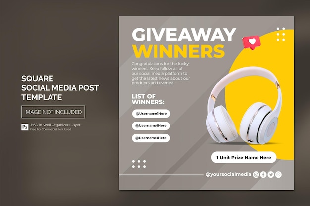 Give away winnaar aankondiging social media post of square web banner template