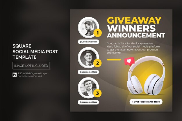 Give away winnaar aankondiging social media post of square web banner template