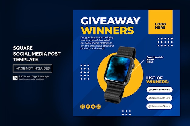 PSD give away winner announcement social media post or square web banner template