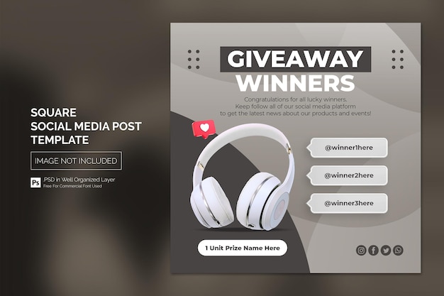 Give away winner announcement social media post or square web banner template