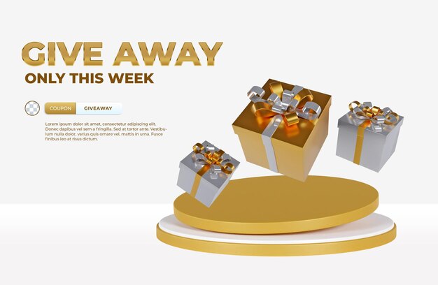 Give away with realistic box and 3d gold podium display product front view