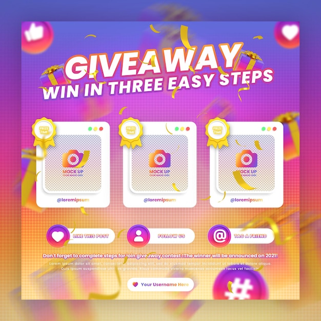 Promozione del concorso giveaway e passaggi modello di post instagram sui social media con mockup