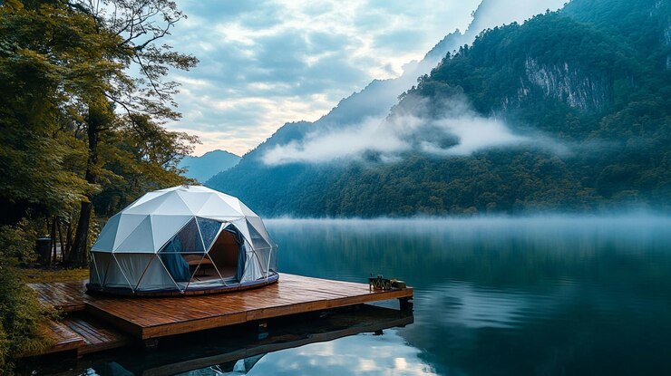 PSD glamping dome on lake platform with misty mountain backdrop