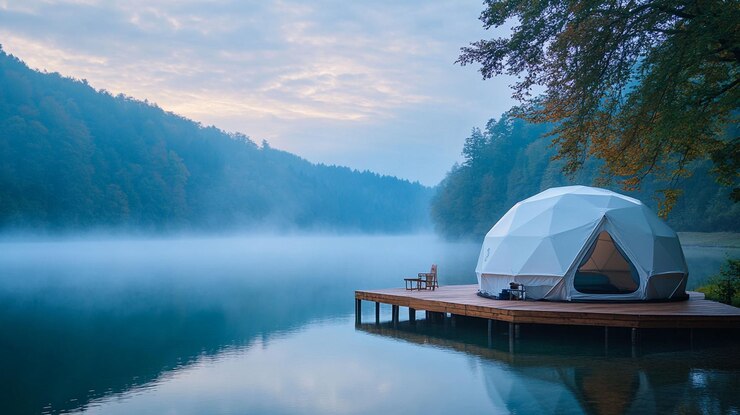 PSD glamping dome tent on tranquil lake at sunrise misty mountains