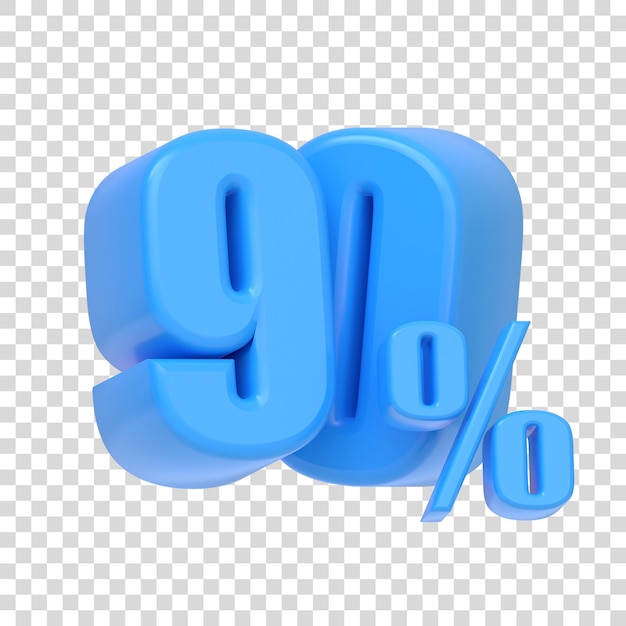 Glanzend blauw negentig procent teken geïsoleerd op witte achtergrond 90 korting op verkoop 3D renderen