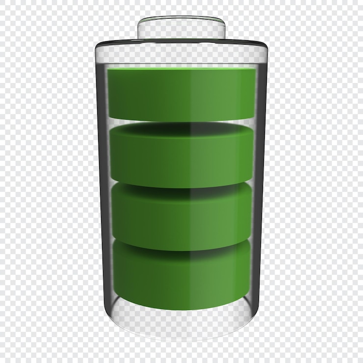 PSD glanzend transparant batterijsymbool full power status conceptontwerp batterij 3d pictogram energieglas opslag 3d render illustratie