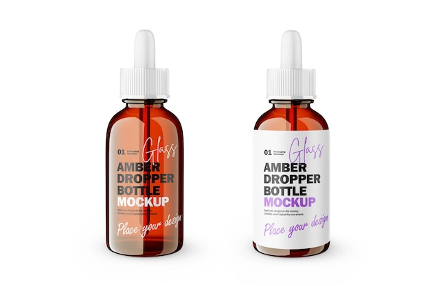 Glanzende amber glazen druppelflesje met plastic deksel psd mockup