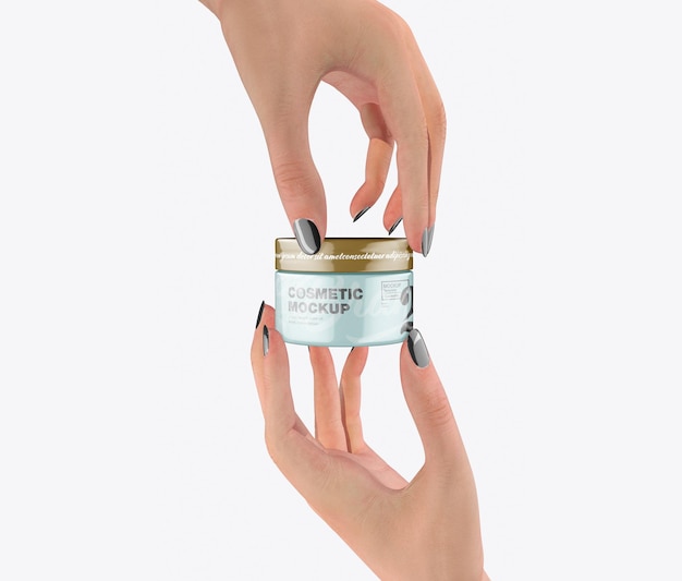 PSD glanzende cosmetische potcrème met handmodel