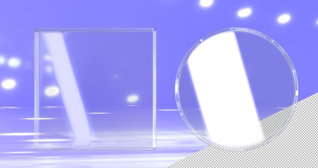 Glasplaten set helder frame vierkante en ronde vorm op blauwe achtergrond Lege transparante banners van acryl of plexiglas met glanzend effect geometrische kristallen platen mockup 3D illustratie