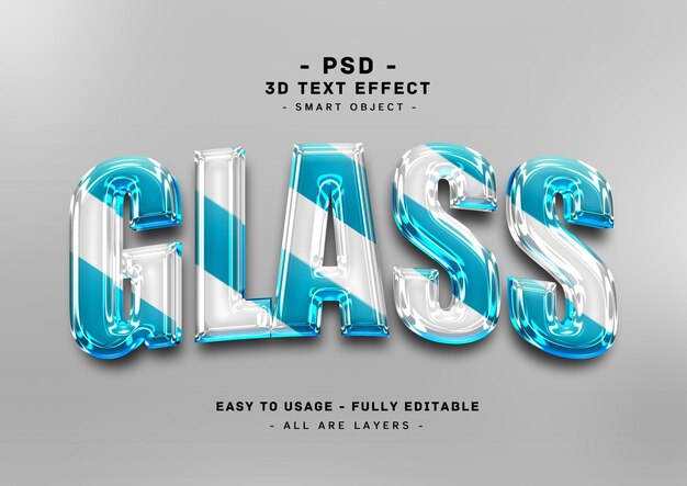 PSD glass 3d editable blue white color text style effect