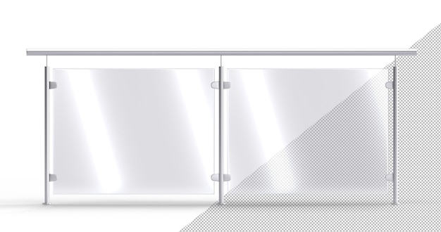 Стеклянная балюстрада с железными перилами, вид спереди Макет секции акрилового или плексигласового прозрачного забора с металлическими перилами для балконной террасы или бассейна на белом фоне 3D иллюстрация