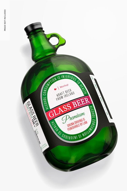 PSD bottiglia di birra in vetro con manico mockup, vista dall'alto