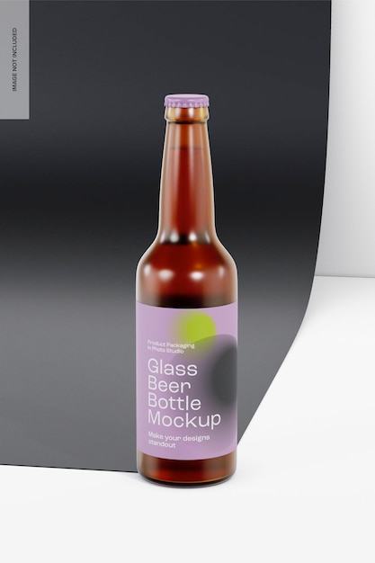 PSD glass beer bottle with tag mockup, front view