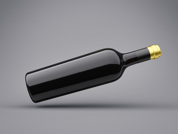 PSD glass black wine bottle with empty golden label with for your logo on abstract dark background