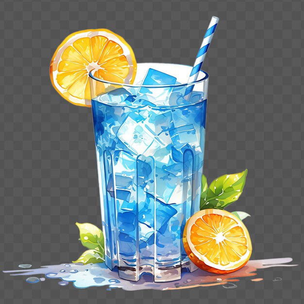 PSD a glass of blue ice water with orange slices and lemon slices