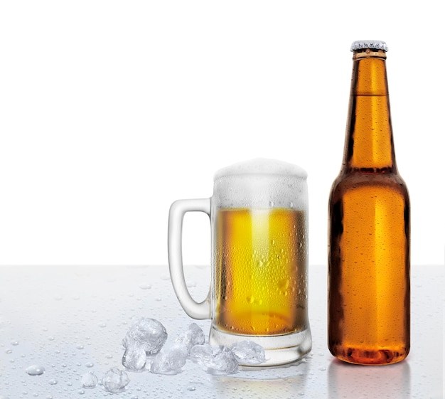 Glass and bottle of beer with water droplets and ice cubes transparent background