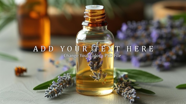 PSD glass bottle of lavender essential oil