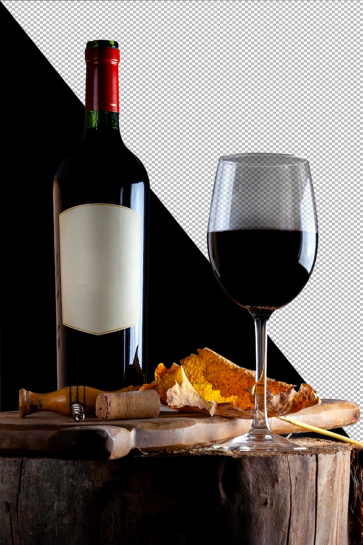PSD glass and bottle of red wine transparent background