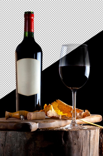 Glass and bottle of red wine transparent background