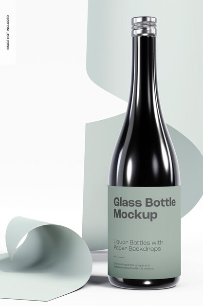 Glass bottle with paper label mockup, front view