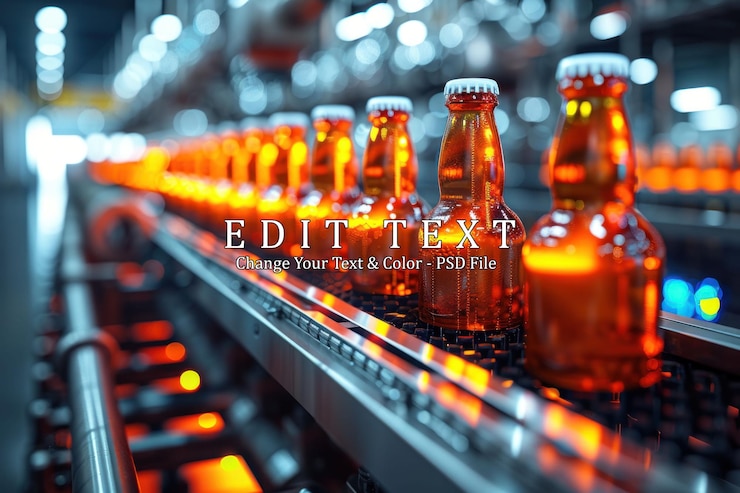 PSD glass bottles of beer move along a conveyor belt in a modern factory