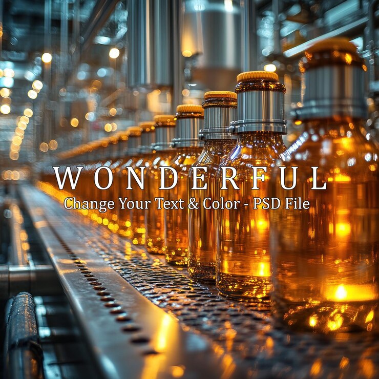 PSD glass bottles filled with amber liquid moving along a conveyor belt in a factory